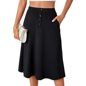 LYANER Women's High Waist A Line Button Front Flared Midi Skirts with Pocket Black Small