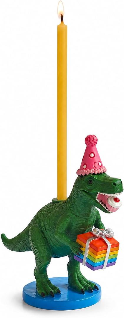Dinosaur Birthday Candle Holder with 2 Yellow Candle | Cute T-Rex Cake Topper for Kids Birthday Party Decorations Candlestick Holders Baby Shower Birthday Party Celebration