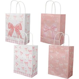 30pcs Pink Bow Party Paper Gift Bags with Handles, Bow Knot Treat Bags for Girls Birthday, Baby Shower, Wedding, and Coquette Themed Parties