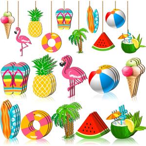 Chunful 30 Pieces Summer Tree Ornaments Christmas in July Wood Hanging Decoration Beach Wooden Slices Winter Tree Ornaments with String for Luau Hawaiian Party Supplies (Cute Style)