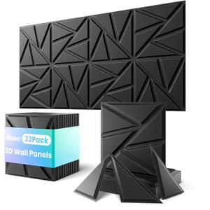 ROOME 12"x12" 3D Wall Panels, 32-Pack, Black, PVC, Peel & Stick, Geometric, Modern, Water-Resistant