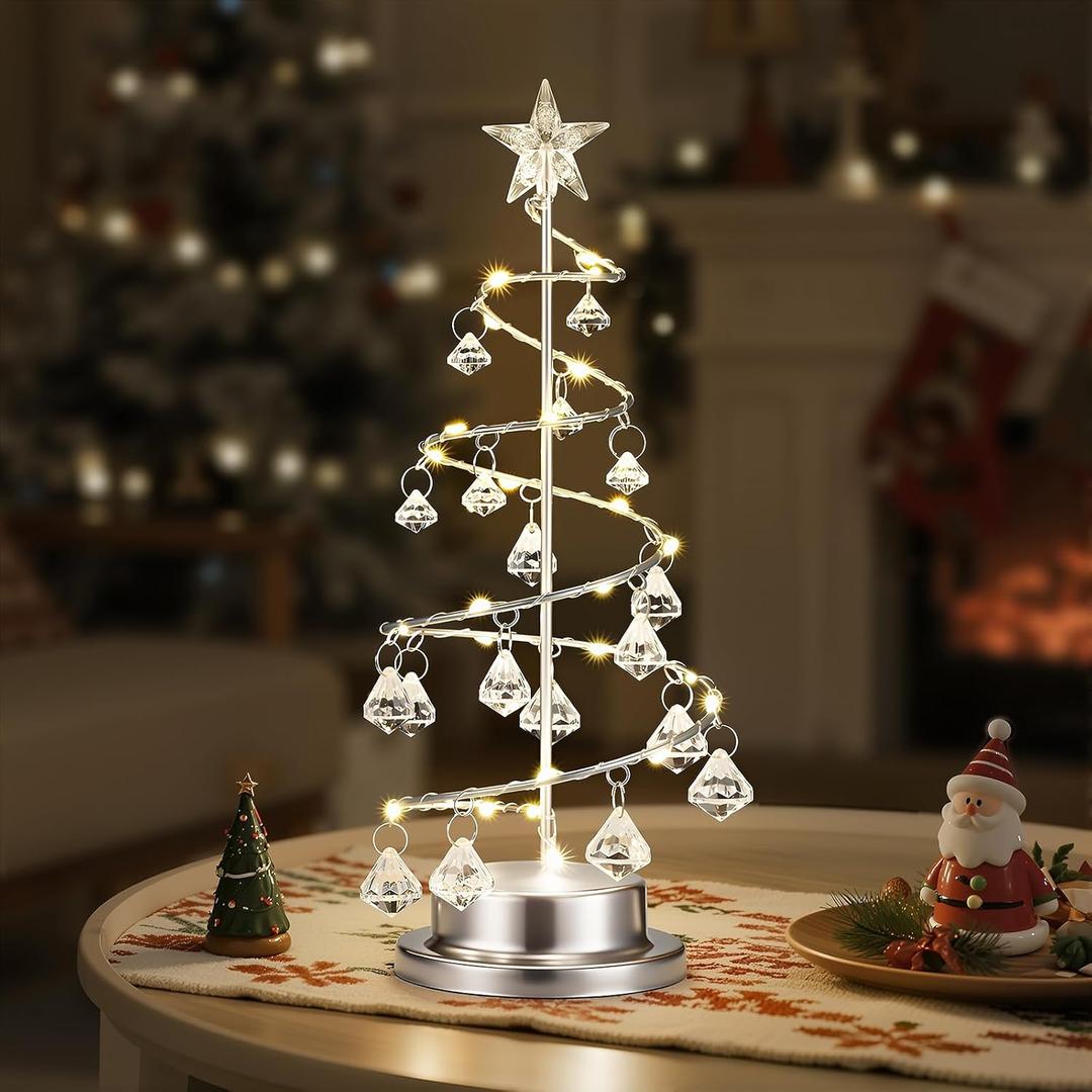 Luxspire Crystal Christmas Tree Light, Spiral Christmas Tree Decorative Lamp, 30 LEDs, Battery Powered, 11 Inch Xmas Table Decoration for Mantel, Dining Table, Night Stand, Silver