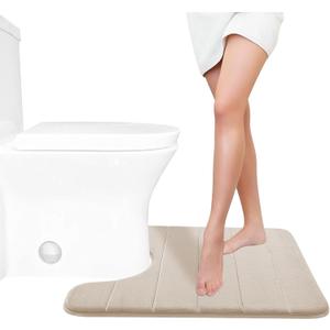 Yimobra Memory Foam Toilet Bath Mat U-Shaped, Soft and Comfortable, Super Water Absorption, Non-Slip, Thick, Machine Wash and Easier to Dry for Bathroom Commode Contour Rug, 24 X 20 Inches, Beige