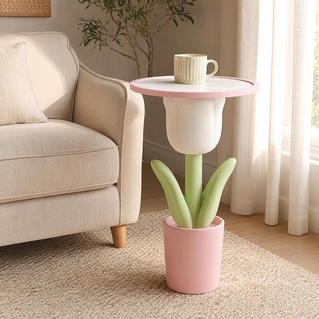 Tulip Flower Side Table with Storage Tray, Pink