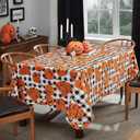 Newbridge Halloween Jack O Lantern Pumpkin Farm 60 x 102 Inch Rectangle Vinyl Tablecloth with Flannel Backing, Black and White Check Pumpkin Design, Easy Care Wipe Clean Table Cover