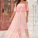 Women's Off The Shoulder Embroidered Lace Maxi Wedding Dress Boho Wedding Guest Formal Party Maternity Photoshoot Dresses (Pink, M)
