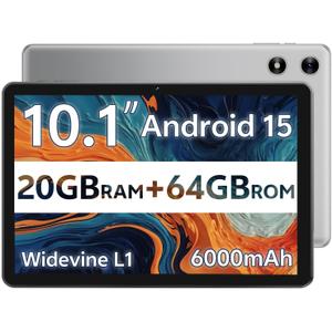 SVITOO Android Tablet 10 Inch, Android 15 Tablet for Kids Adults, 20GB RAM 64GB Storage 1TB Expandable, Dual Cameras 8MP 2MP, 6000mAh Dual Speakers WiFi 6 Gray ﻿