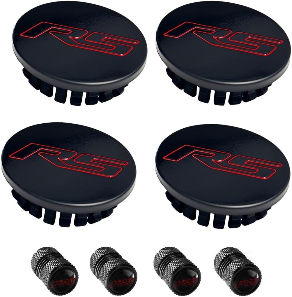 4PCS 59mm 2.3 inch RS Wheel Center Cap Hub Covers 4pcs Tire Valve Stem Cap Covers Compatible with Chevy Camaro Equinox Trax Cruze Malibu Impala Volt Grand RS Accessories (Black Red)
