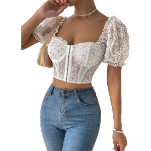 OYOANGLE Women's Boho Ditsy Floral Print Sweetheart Neck Short Puff Sleeve Crop Top Blouse