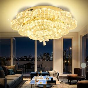 Flashing God W24'' Gold Crystal Chandeliers Crystal Ceiling Light Fixtures LED Flush Mount Light for Living Room Bedrooms Dining Room Dimmable 2700k 4500k 6000k