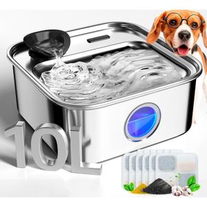 oneisall Dog Water Fountain, 2.6Gal/10L Stainless Steel Dog Water Bowl Dispenser with Deeper Drinking Aera & Washable Filter, Ultra-Quiet Pet Water Fountain for Small Medium Large Dogs(with 6 Filters)