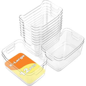 Clear Plastic Storage Bins - 12 Pack Pantry Organizers and Storage, Clear Pantry Organizer Bins, X-Large Plastic Containers with Handle for Kitchen,Freezer,Cabinet,Closet,Bathroom Under Sink
