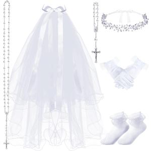 Funtery 6 Pcs First Communion Veils Girls Catholic Set 1st Communion Wreath Veil Headpiece Sock Necklace Bracelet Kid Wedding