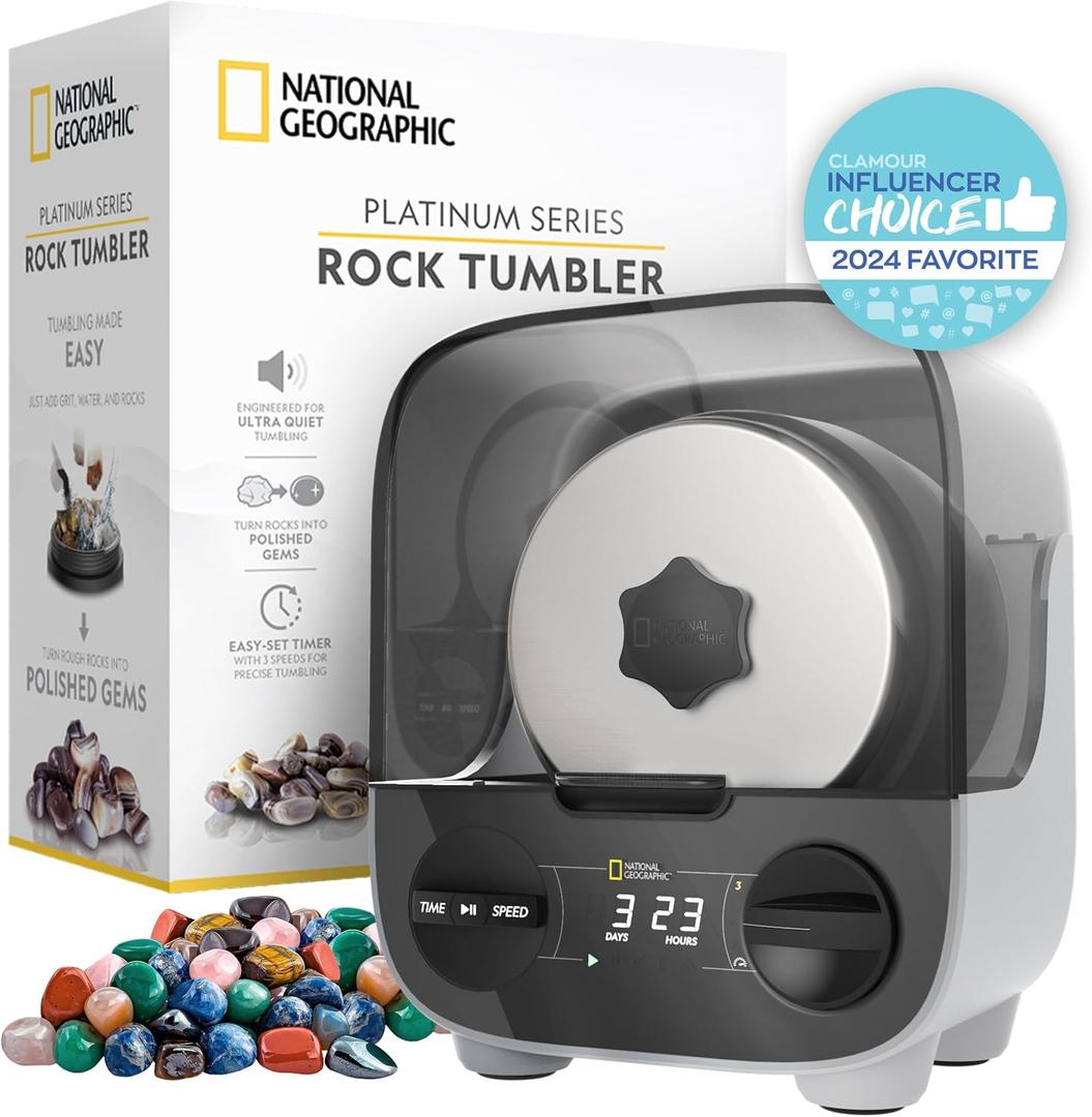 National Geographic Platinum Series Ultra Quiet Rock Polisher Kit - Patent-Pending for Kids & Adults, 2 lb. Barrel, Rocks, Grit, GemFoam, Rock Tumblers
