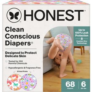 The Honest Company Clean Conscious Diapers for Delicate Skin | Up to 100% Leakproof | Hypoallergenic, Fragrance Free | Girl Prints | Super Club Box, Size 6 (35+ lbs), 68 Count (Prints May Vary) (Sky's the Limit + Wingin It)