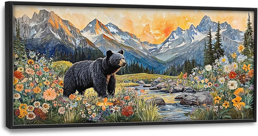 Extra Large Framed Abstract Black Bear Mountain Wall Art,Colorful Wildflower Forest Landscape Wall Decor Pictures for Living Room,Canvas Print Painting Modern Artwork Bedroom Office Bathroom 60L x30W