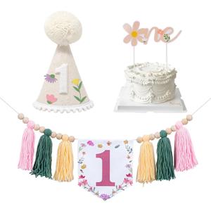 1st Birthday Wildflower High Chair Banner, Floral 1st Birthday Hat Decorations & Cake Topper for Girl's First Wild Flower Theme Bday Party - Spring Flower Style Bday Wall Hanging Decor