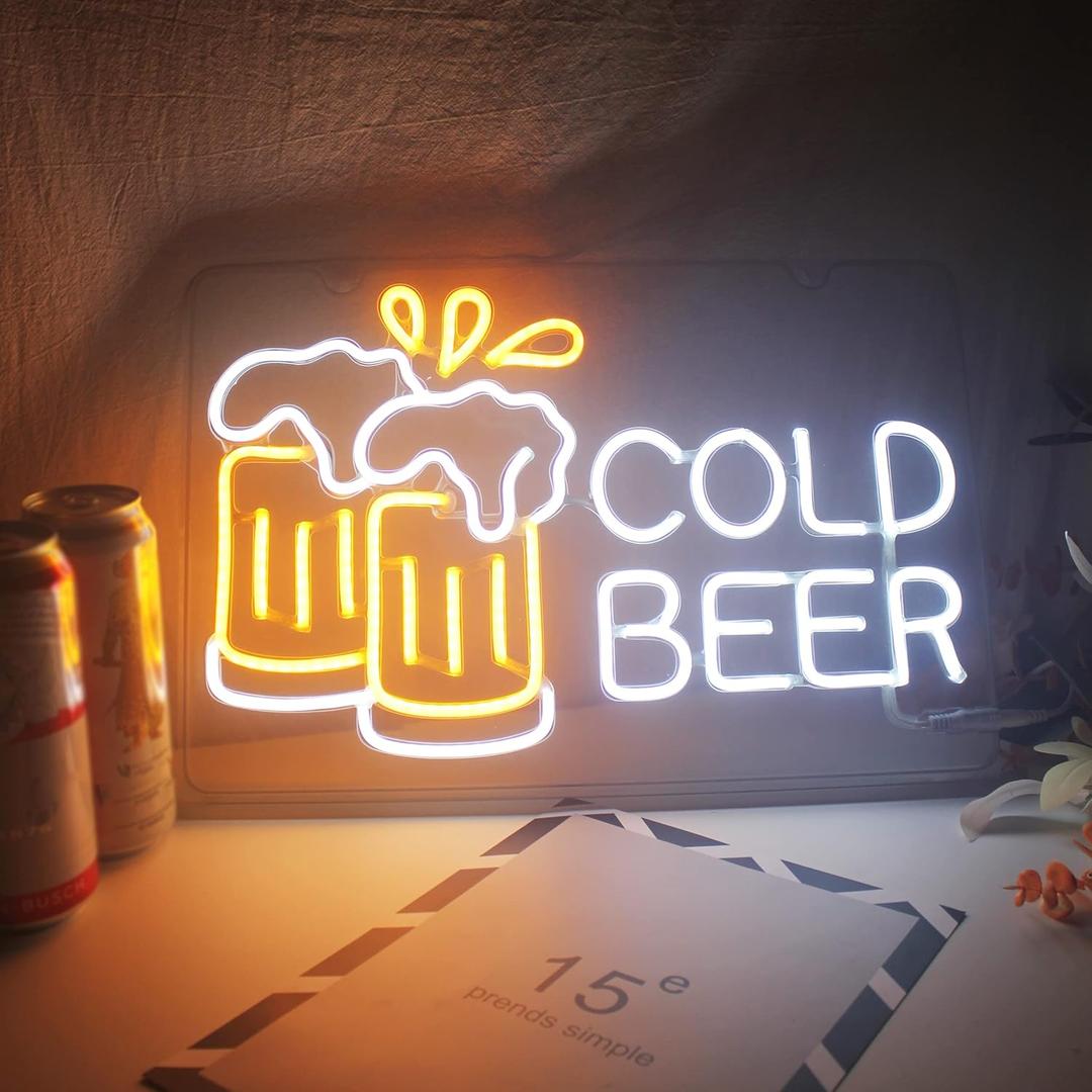 Cold Beer Neon Sign for Business & Home Bar - Durable Flexible PET LED Light for Pub, Man Cave, Garage - Unique Gift for Men, Dad, Bar or Club Oweners - 17" x 11.5"
