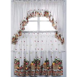 Diamond Home Linens 3PC Printed Kitchen Curtain Tiers and Swag Valance 36" Long Set (Multicolor/Fruit Basket)