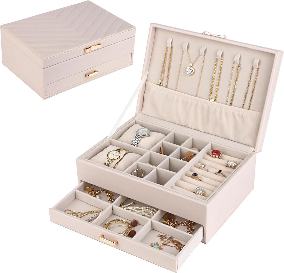 HofferRuffer Jewelry Box with Drawer for Women Girls, Faux Leather Storage Jewelry Organizer Jewelry Case with Two Layers Display for Earrings Rings Necklaces (White)