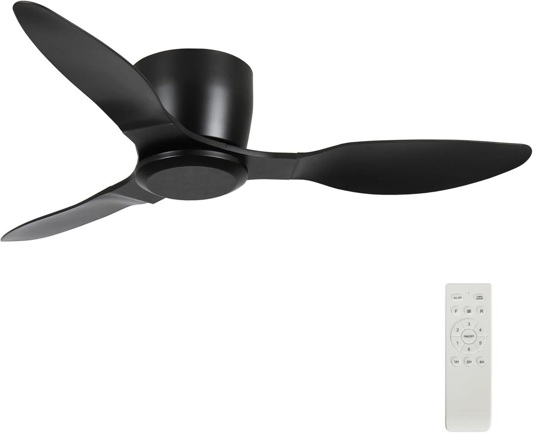 42 Inch Ceiling Fan No Light, Flush Mount Black Ceiling Fan with Remote, 6 Wind Speeds, Reversible DC Motor, Low Profile Ceiling Fans without Lights for Living Room, Bedroom, Patio