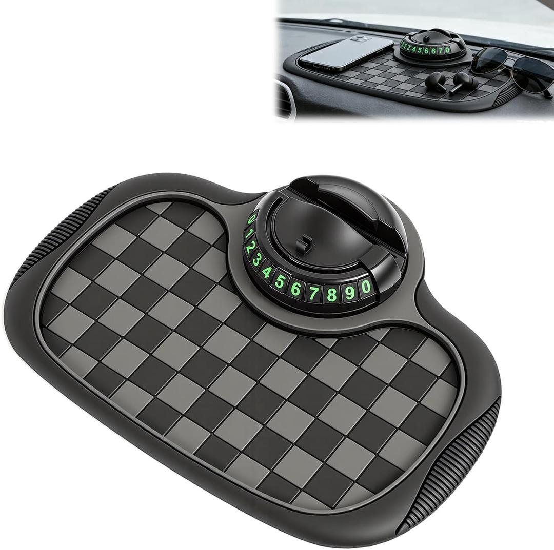 Multifunctional Car Anti-Slip Mat,Car Dashboard Mat,360° Rotatable Phone Holder Dashboard Pad with Temporary Parking Number,Car Anti Slip Mat Phone Holder,Anti Slip Mat for Car Dashboard(Black)