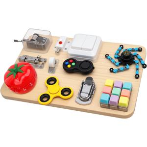 Wooden Montessori Busy Board, Sensory Activity Toy for Toddlers Kids, Fine Motor Skills Development Plaything, Portable Travel Fidget Board for Boys Girls, Educational Focus & Thoughtful