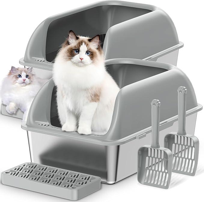 Stainless Steel Cat Litter Box 2-Pack, XL Extra Large Metal Litter Box with Lid for Big Cats, High Sided Design with Scoop & Pedal, Non-Stick, Anti-Leak, Easy to Clean-Light Grey  Stainless Steel Cat Litter Box 2-Pack, XL Extra Large Metal Litter Box with Lid for Big Cats, High Sided Design with Scoop & Pedal, Non-Stick, Anti-Leak, Easy to Clean-Light Grey