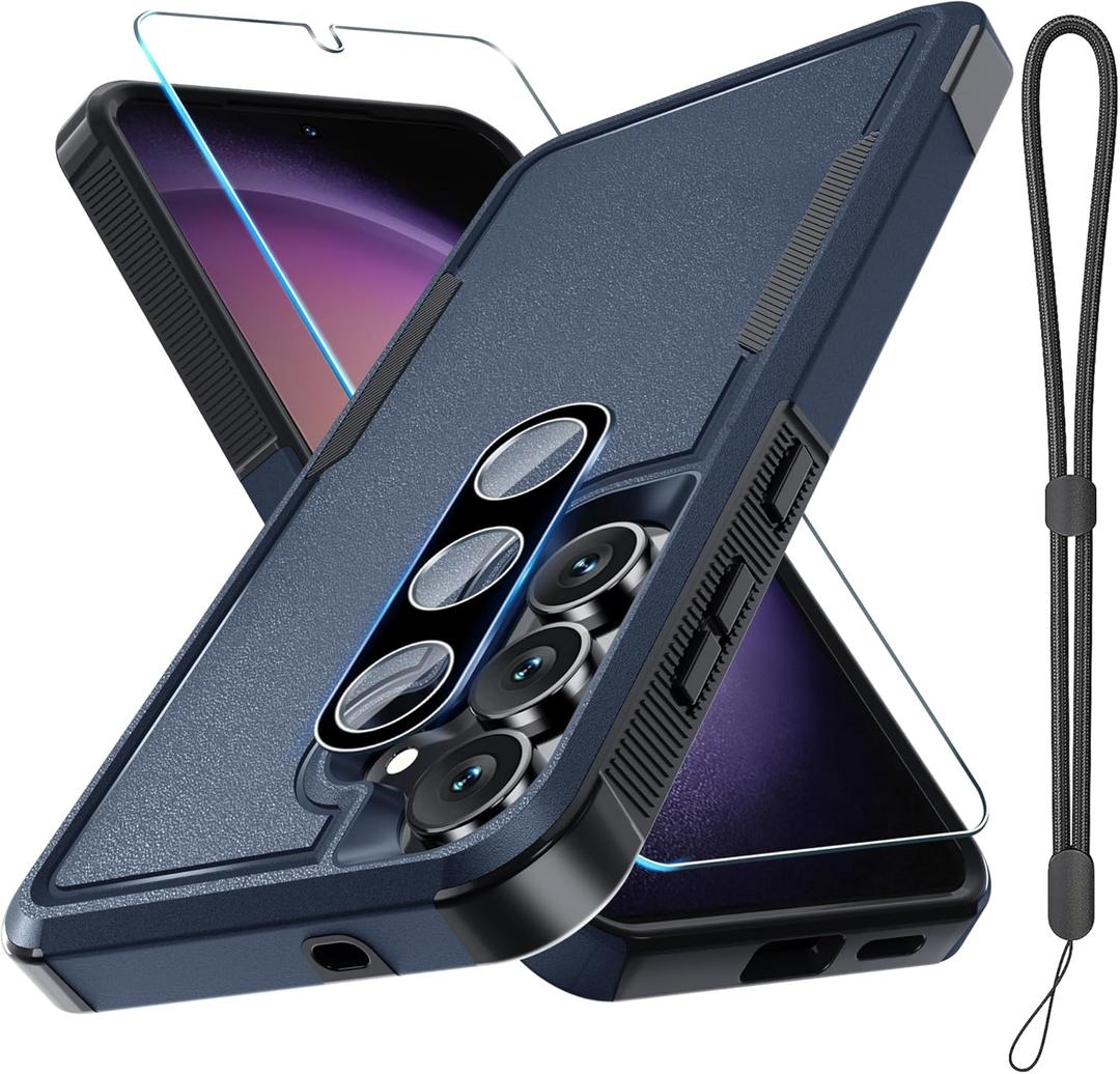 for Samsung Galaxy S25 FE Case with Screen Protector+Camera Lens Cover,Military Grade Heavy Duty Shockproof Phone Cover with Wrist Lanyard Strap for Samsung S25fe,Navy Blue