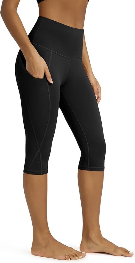 ODODOS Women's High Waisted Yoga Capris with Pockets, Tummy Control Non See Through Workout Athletic Running Capri Leggings, Small Size