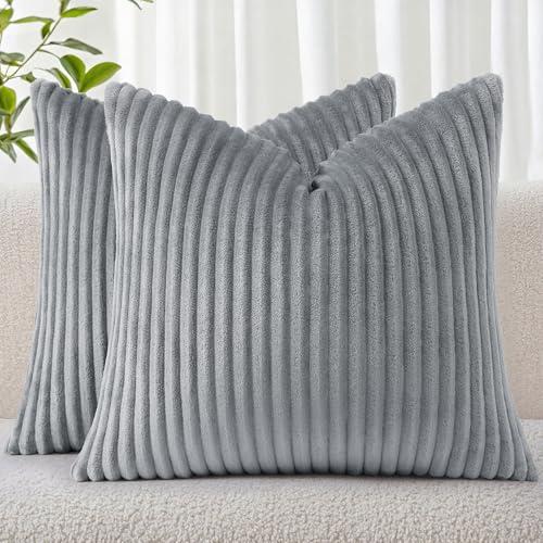 Simmore Decorative Throw Pillow Covers 22x22 Set of 2, Soft Natural Plush Flannel Double-Sided Fluffy Couch Euro Sham Pillow Covers for Sofa Living Room, Grey