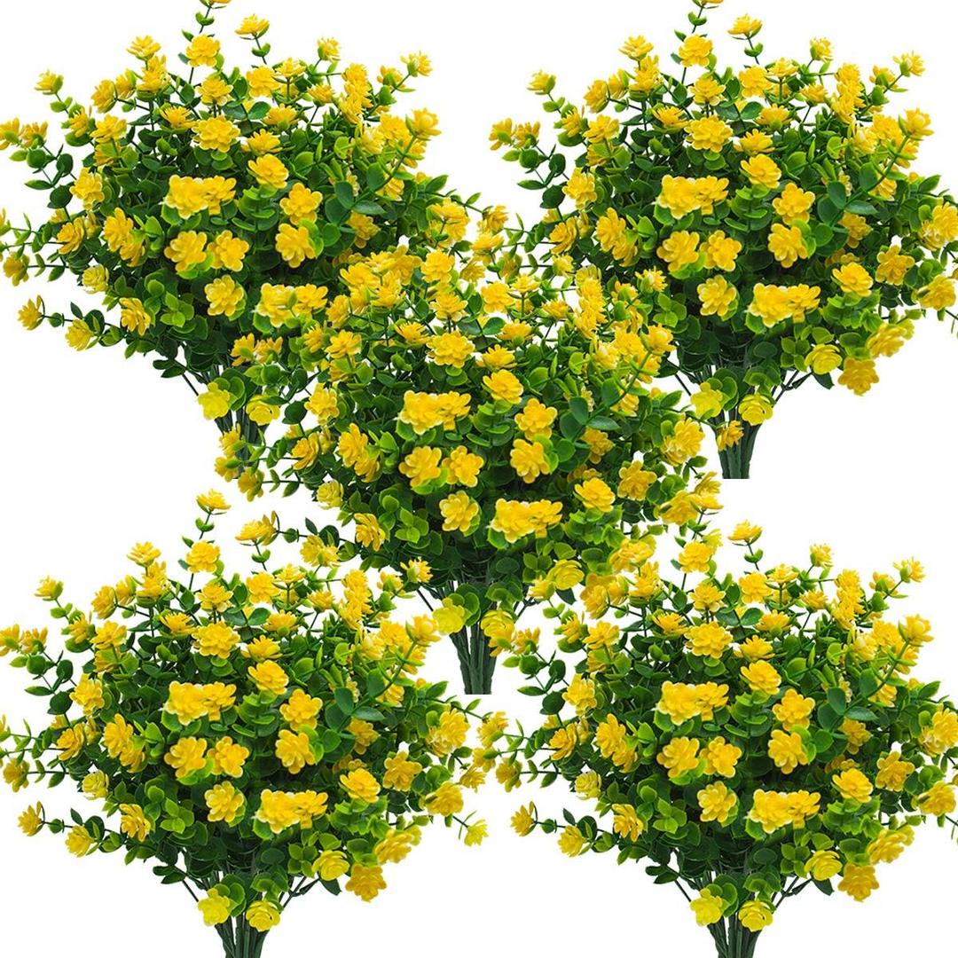 Grunyia 10 Bundles Artificial Fake Flowers, Faux Outdoor Plastic Plants UV Resistant Shrubs Outside Indoor Decorations (Yellow-Eucalyptus)