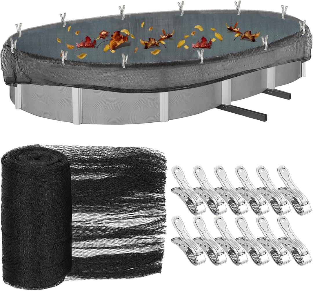 33 X 18 Ft Oval Swimming Pool Leaf Net Cover,Pool Winter Cover Mesh Cover with 12 Pcs Large Metal Clips, Pool Safety Net Fits 15x30 Above Ground Pools, Keeps Leaves Out of Your Pool
