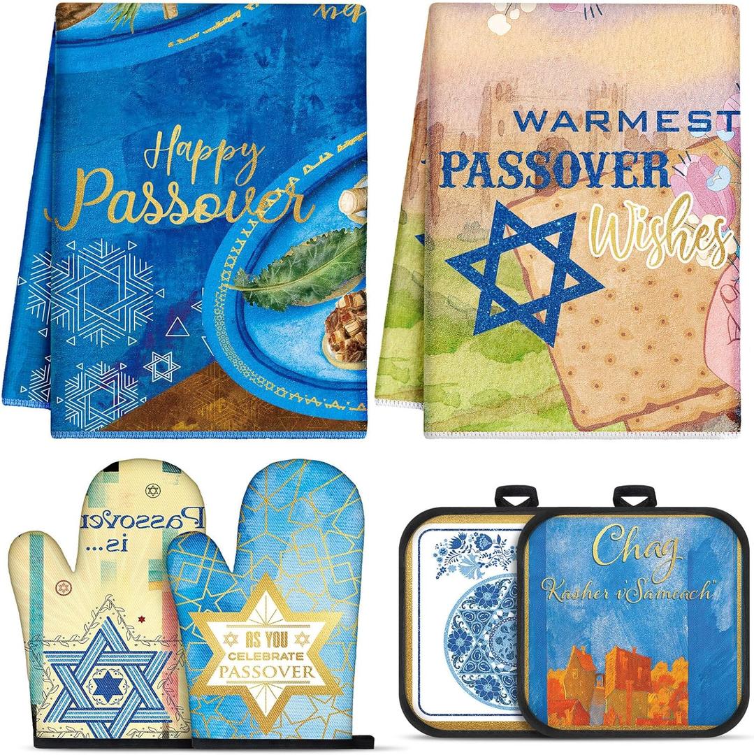 HunnmingRe 6 Pcs Passover Kitchen Accessories Sets Gifts Passover Kitchen Towels Oven Mitts Pot Holders Jewish Seder Decoration Pesach Hostess Gifts for Women Men Cooking Baking Dining Holiday Present
