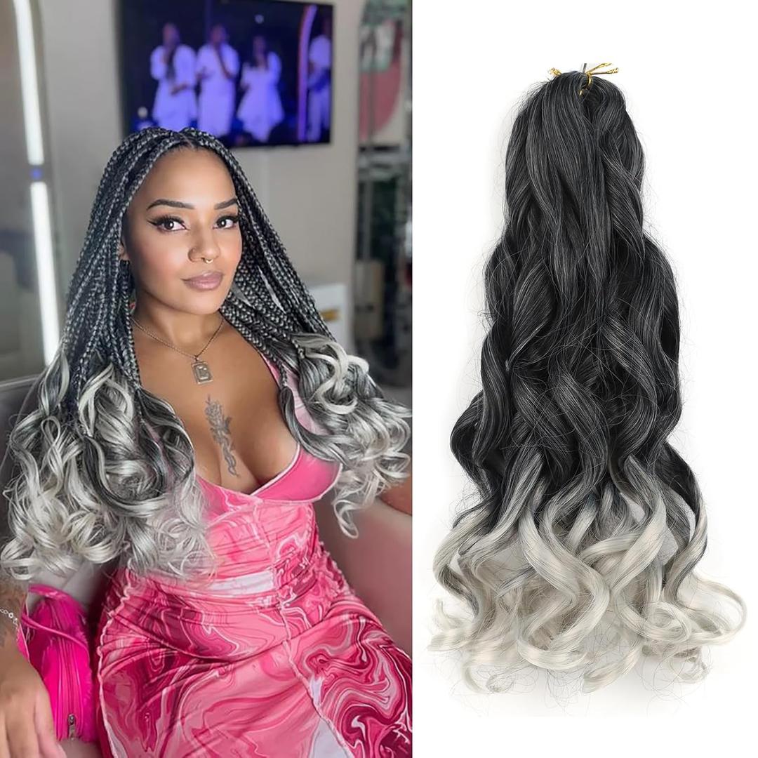 Grey French Curl Braiding Hair 16 Inch 8 Packs Curly Braiding Hair Pre Stretched for Box Braids Crochet Braids with Curly Ends (Tgrey, 16 Inch (Pack of 8)