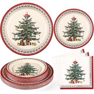 Homlouue 200 PCS Christmas Paper Plates and Napkins Sets, Christmas Tree Plates and Napkins, Holiday Paper Plate and Napkin Sets for Xmas Party Supplies Dinner Winter Decorations, Xmas Plate