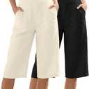 Locoowai 2 Pack Women's Linen Capri Pants Wide Leg Cropped Palazzo Trousers with Pockets High Waist Beach Summer Casual Pants Medium