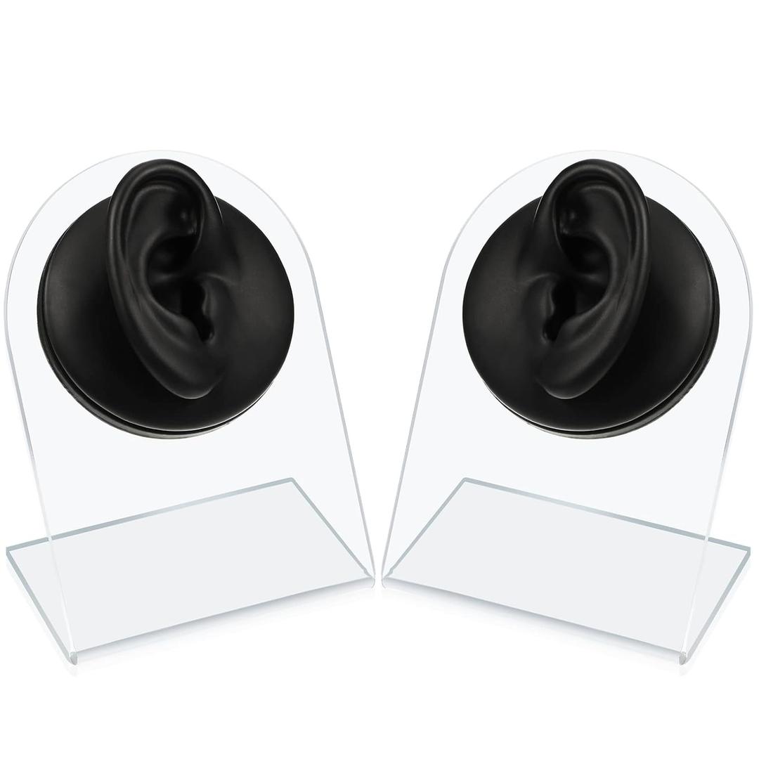 2 Pcs Flexible Silicone Ear Model Reused Soft Mold for Earrings Jewelry Display Rubber Ear for Piercing Practice with Acrylic Stand (Black, Classic Ear Style)