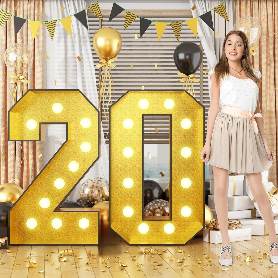 4FT Marquee 20 Numbers, Light Up Numbers 20 Mosaic Numbers Glitter Gold Black Light Up Letter Pre-Cut Foam Board Sign Marquee for 20th Birthday Party Decorations, Wedding, DIY Anniversaries