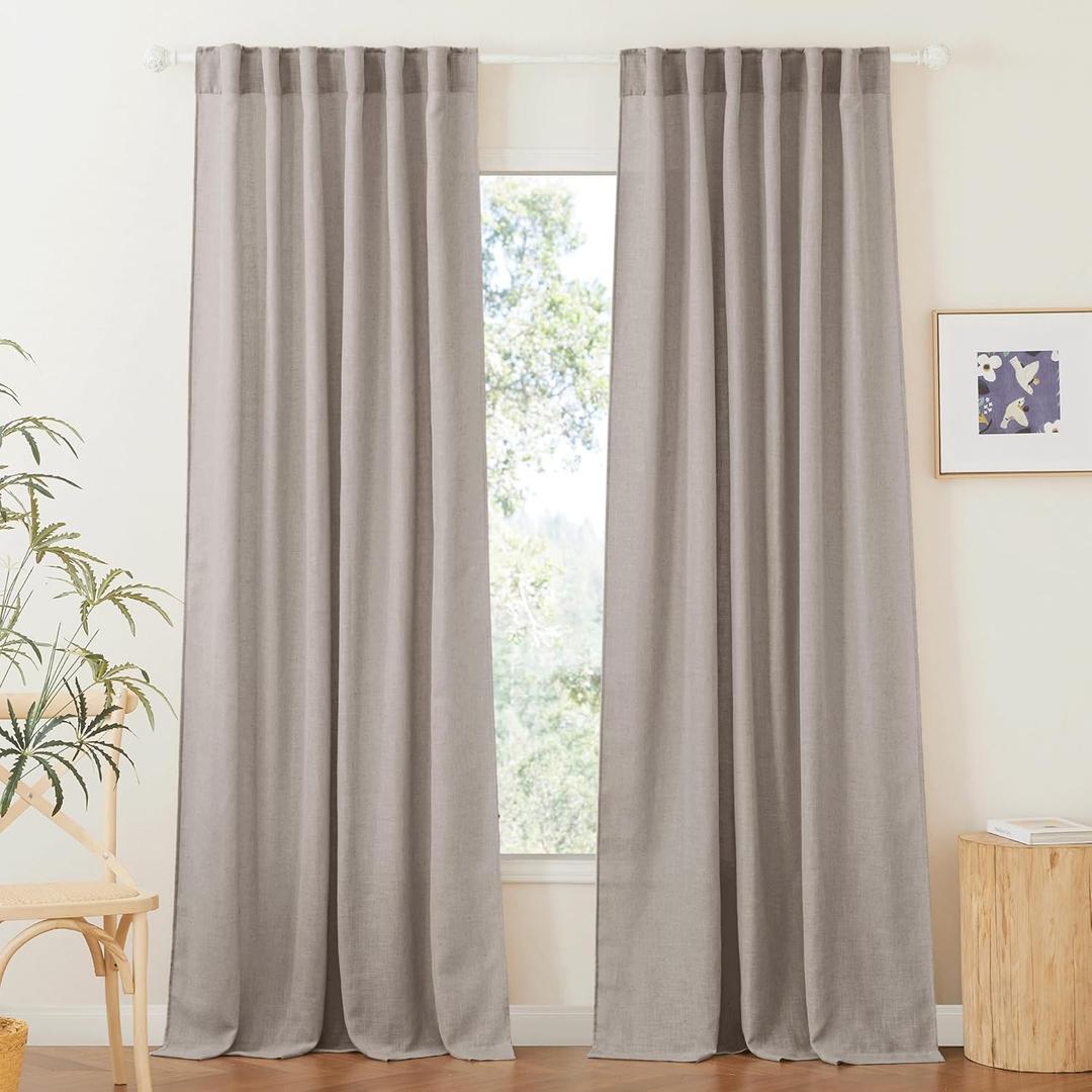 RYB HOME Linen Texture Sheer Curtains 90 inches, Rustic Style Solid Semi Sheer Half Privacy Drapes for Farmhouse Dorm Office Dining, Birch Brown, W 52 x L 90 inches, Set of 2