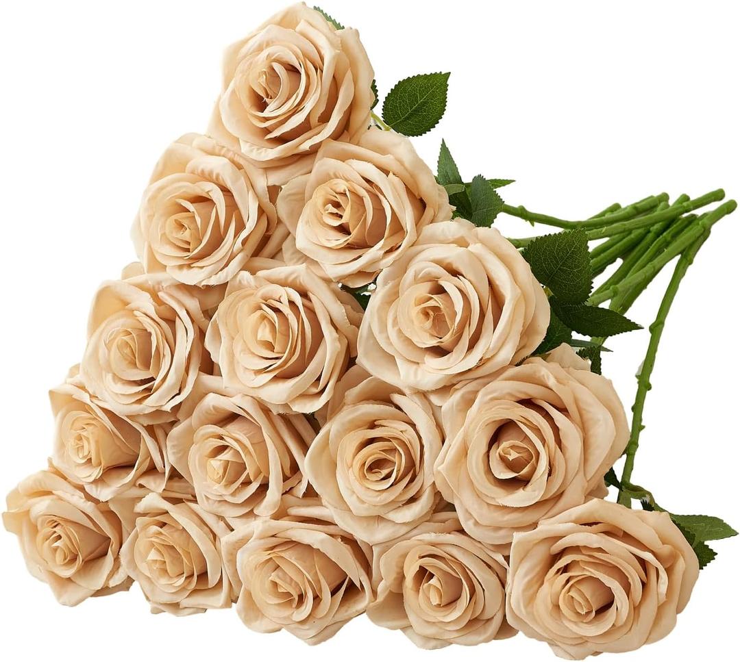 Carlita‘s Blooms 20Pcs Champagne Roses Artificial Flowers Artificial Silk Roses Bulk, Fake Roses Flower with Stems Realistic Flowers for Wedding Centerpiece Home Party Decor, Beige