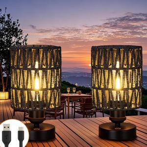 Cordless Rechargeable Outdoor Table Lamps, Battery Operated Table Lamp, Stepless Dimmable for Patio, Living Room, and Bedroom (Bulb Included) - Set of 2 (Black)