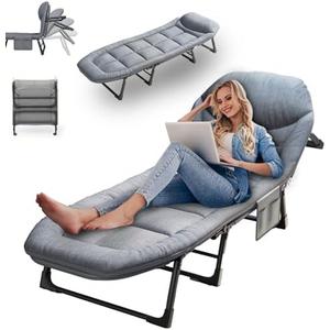 SnozeFlex Chaise Lounge Chair, Folding Cot, 6-Angle Adjustable Camping Cot with Mattress for Patio and Beach, Foldable Bed Portable Heavy Duty Lay Flat Reclining with Pillow (Gray, M - 70'')