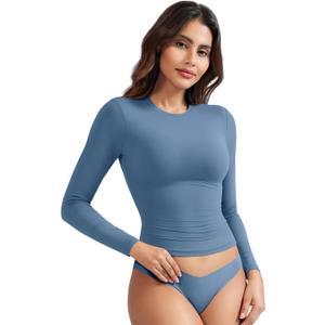 YEOREO Long Sleeve Shirts for Women y2k Tops Double Lined Basic Tee Crew Neck Going Out Sweeney Workout Undershirt (X-Small, Haze Blue)