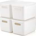 Lawei 4 Pack Plastic Storage Bins with Lid, White Stackable Storage Basket Organizer Box, Sturdy Containers Organizing Lidded Bins for Shelves, Cabinet, Desk, Pantry, Bedroom, Book, Toys