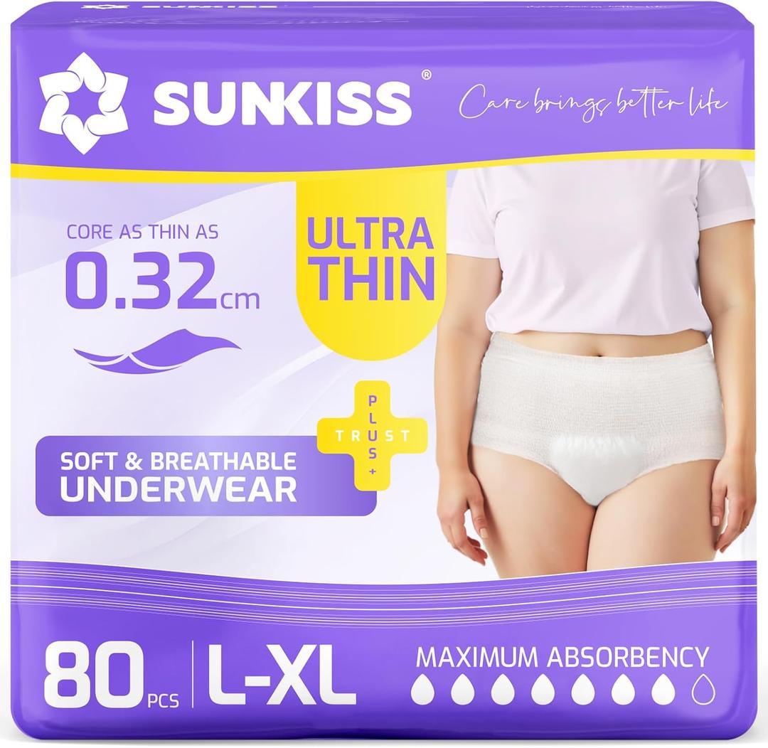 SUNKISS Ultra Thin Incontinence Underwear for Women, High Absorbency & Super Soft Postpartum Diapers, Disposable Adult Pull Ups, Large/XLarge, 80 Count