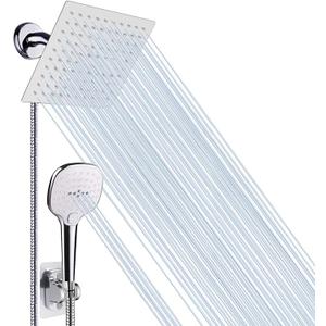 NearMoon Shower Head with Hose, High Pressure Stainless Steel Rain Shower and 3 Settings Handheld Spray Combo with Push Button Flow Control (8 Inch, Chrome Finish)