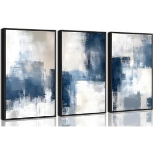 3 Pcs Framed Navy Blue Abstract Canvas Wall Art Modern Minimalist Neutral Blue and Grey Paintings Pictures Wall Decor Poster Print Artwork for Living Room Bedroom Office Home Decoration, 16x24in-Framed