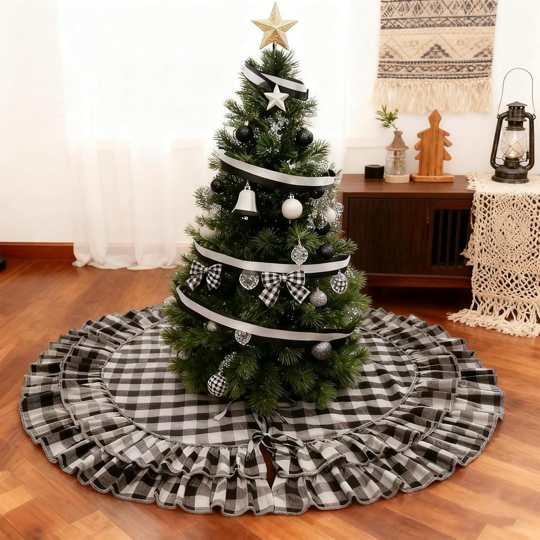 yuboo Buffalo Plaid Christmas Tree Skirt, Thanksgiving Black and White Plaid Ruffle Xmas Tree Skirt 48 inches, Farmhouse Clown Ruffle Christmas Decorations&Christmas Ornaments