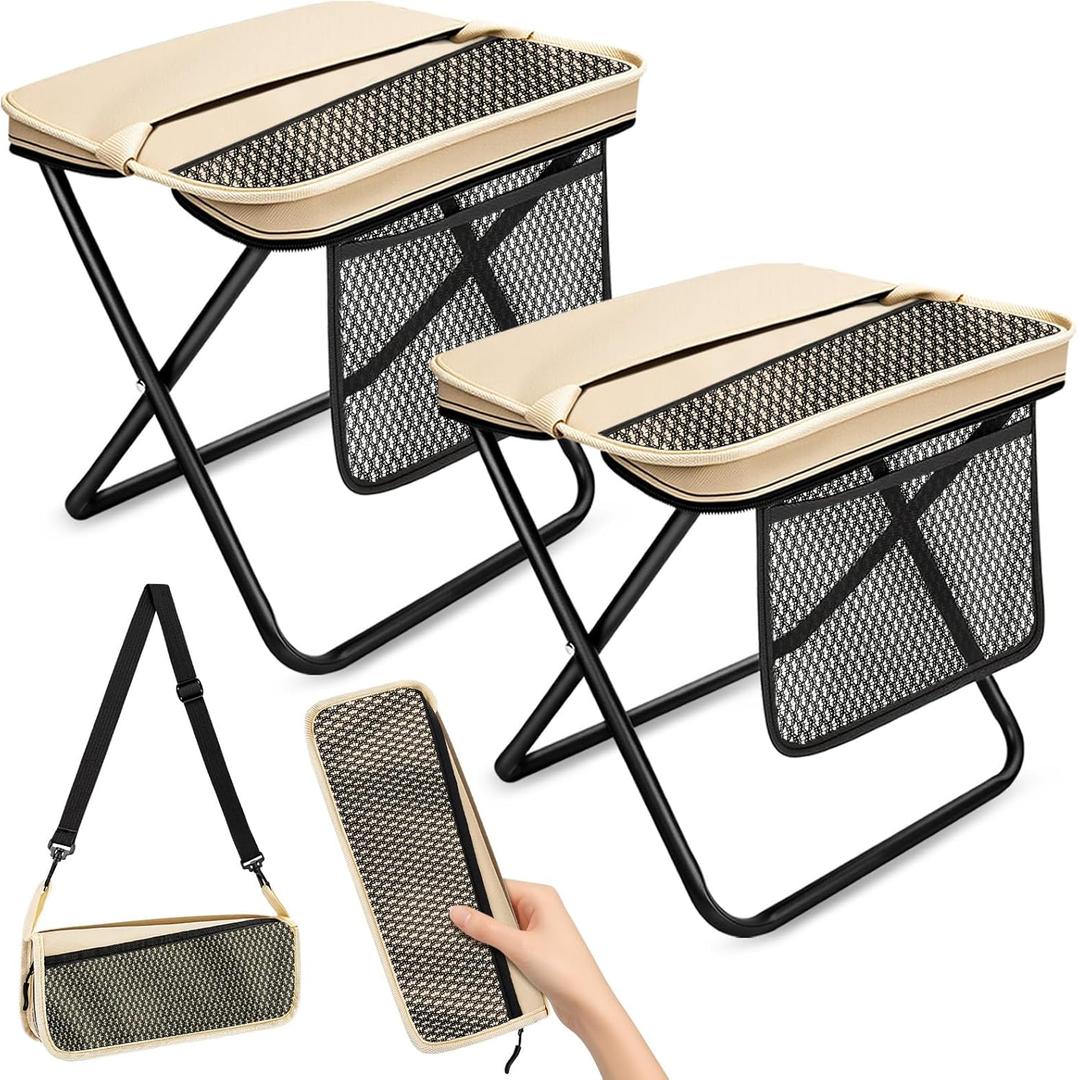 2 Pack XL Portable Chairs for Adults, 14.2" Wide Seat & Knee-Friendly Folding Stool Pocket Chair, Foldable Backpack Stool, Heavy Duty Collapsible Camping Seat for Fishing Travel - Khaki